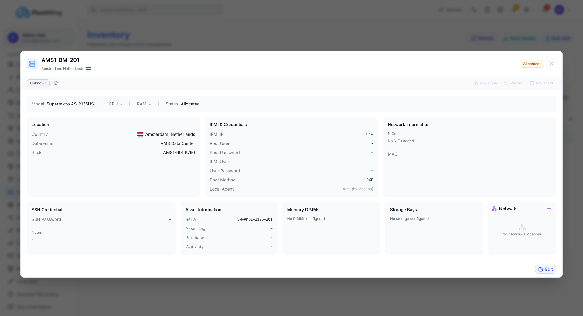 FluxBilling DCIM rack view with U-positions and inventory