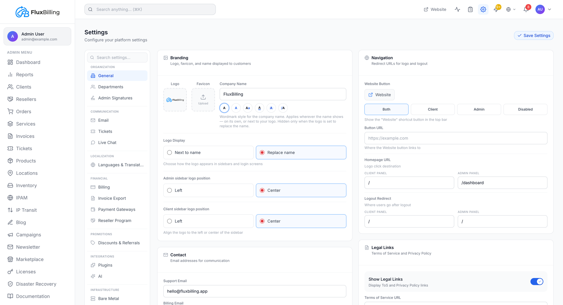 FluxBilling admin — real-time, no full-page reloads