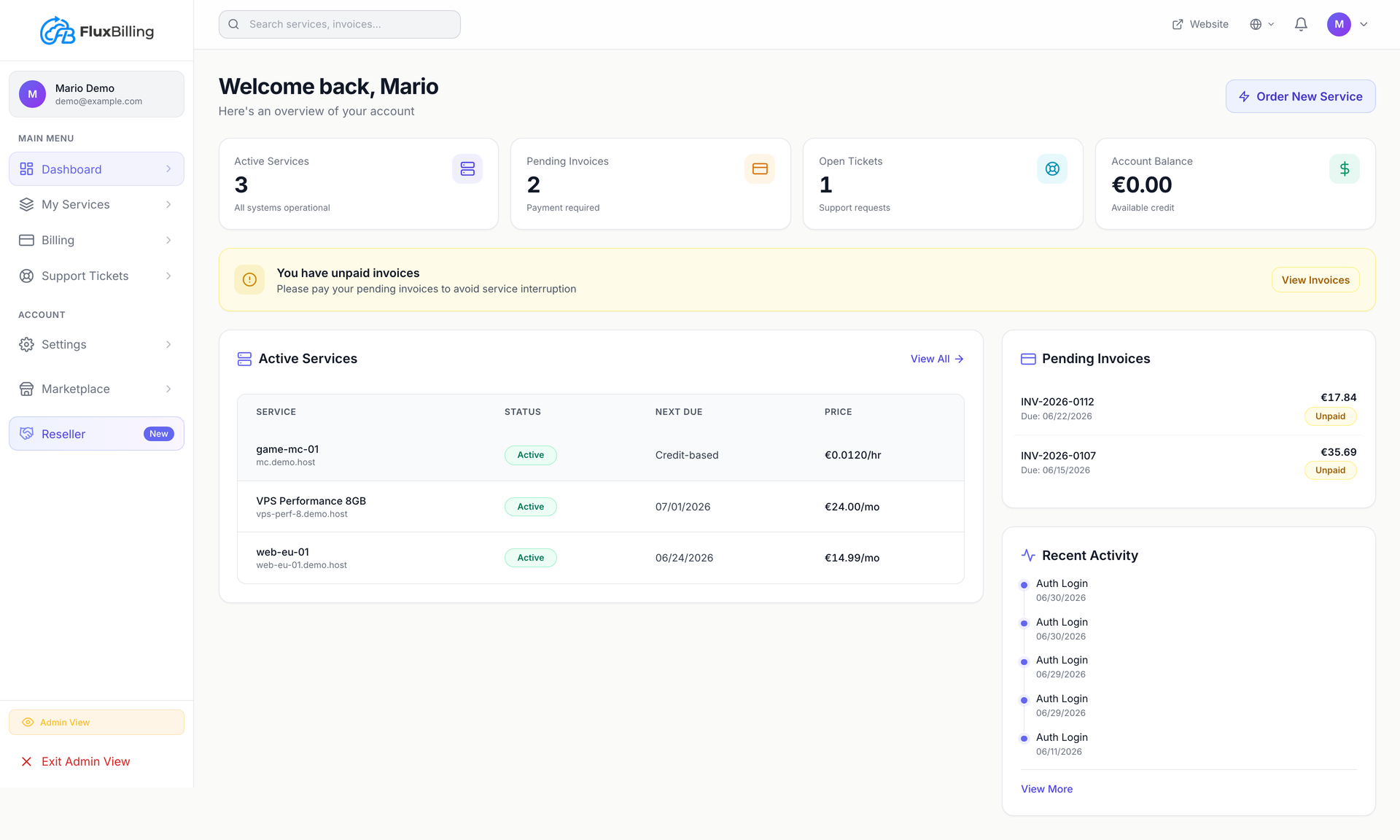 FluxBilling client-facing portal